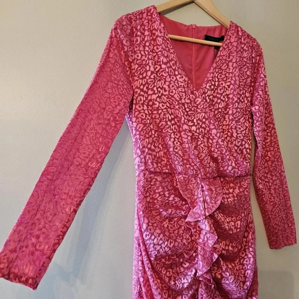 Forest lily Printed Ruched Animal Print Long Sleeve Feminine Mini Dress Pink 6. - Picture 4 of 16